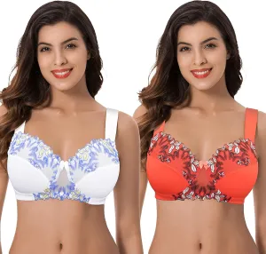 Curve Muse Women's Plus Size Minimizer Wireless Unlined Bra with Embroidery Lace