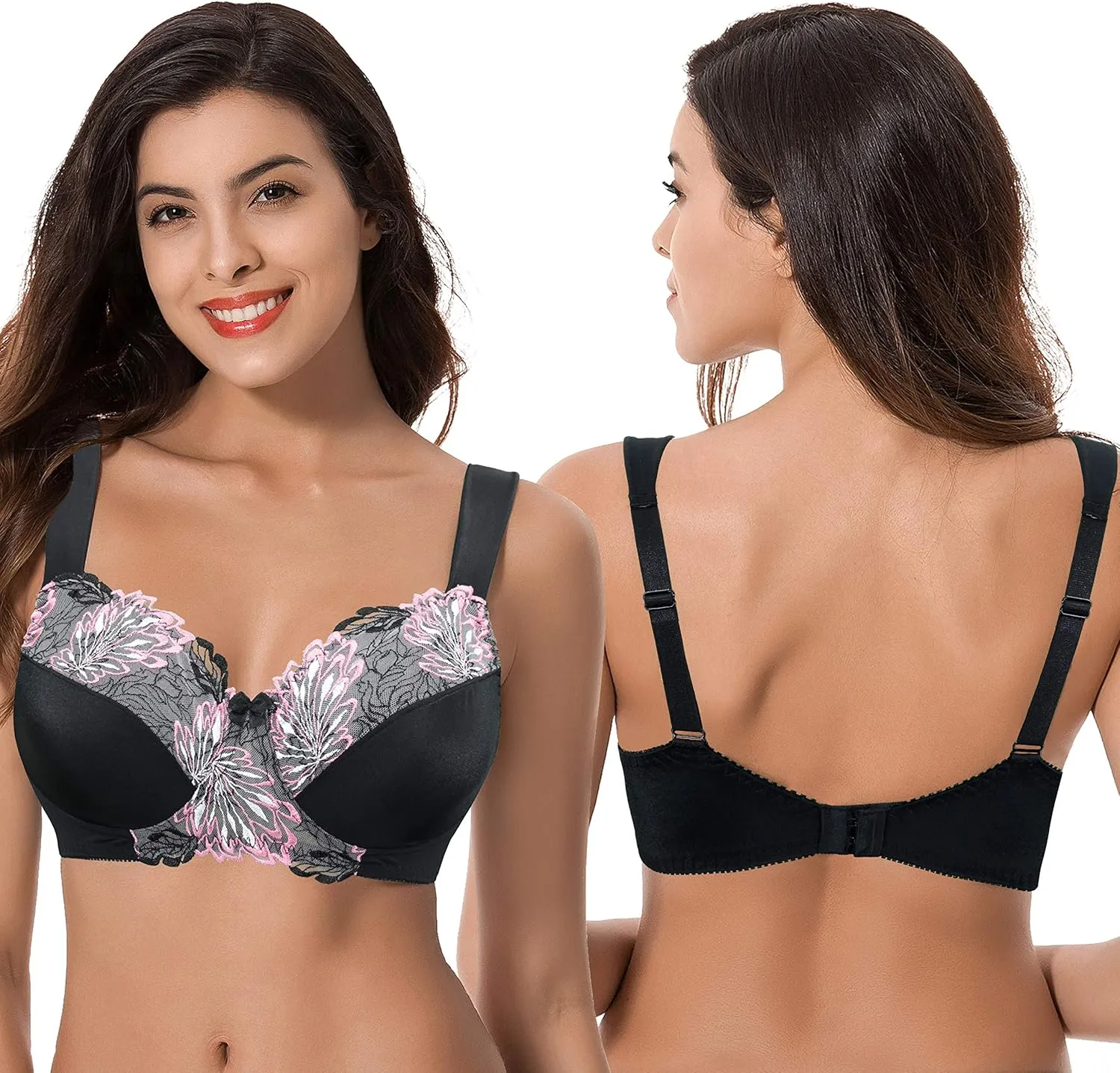 Curve Muse Women's Plus Size Minimizer Wireless Unlined Bra with Embroidery Lace