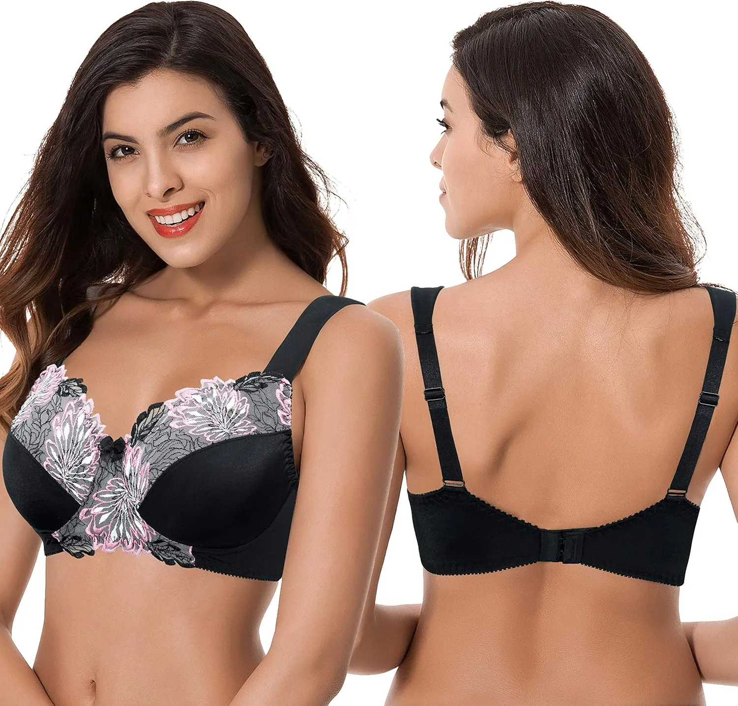 Curve Muse Women's Plus Size Minimizer Wireless Unlined Bra with Embroidery Lace