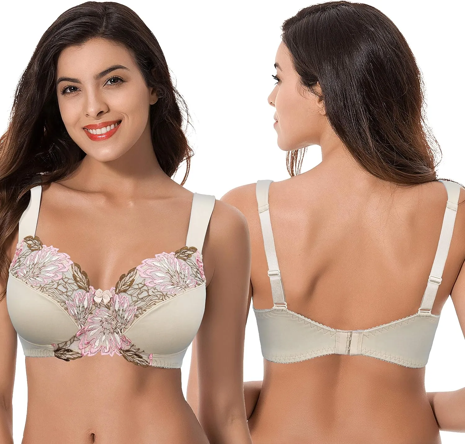 Curve Muse Women's Plus Size Minimizer Wireless Unlined Bra with Embroidery Lace
