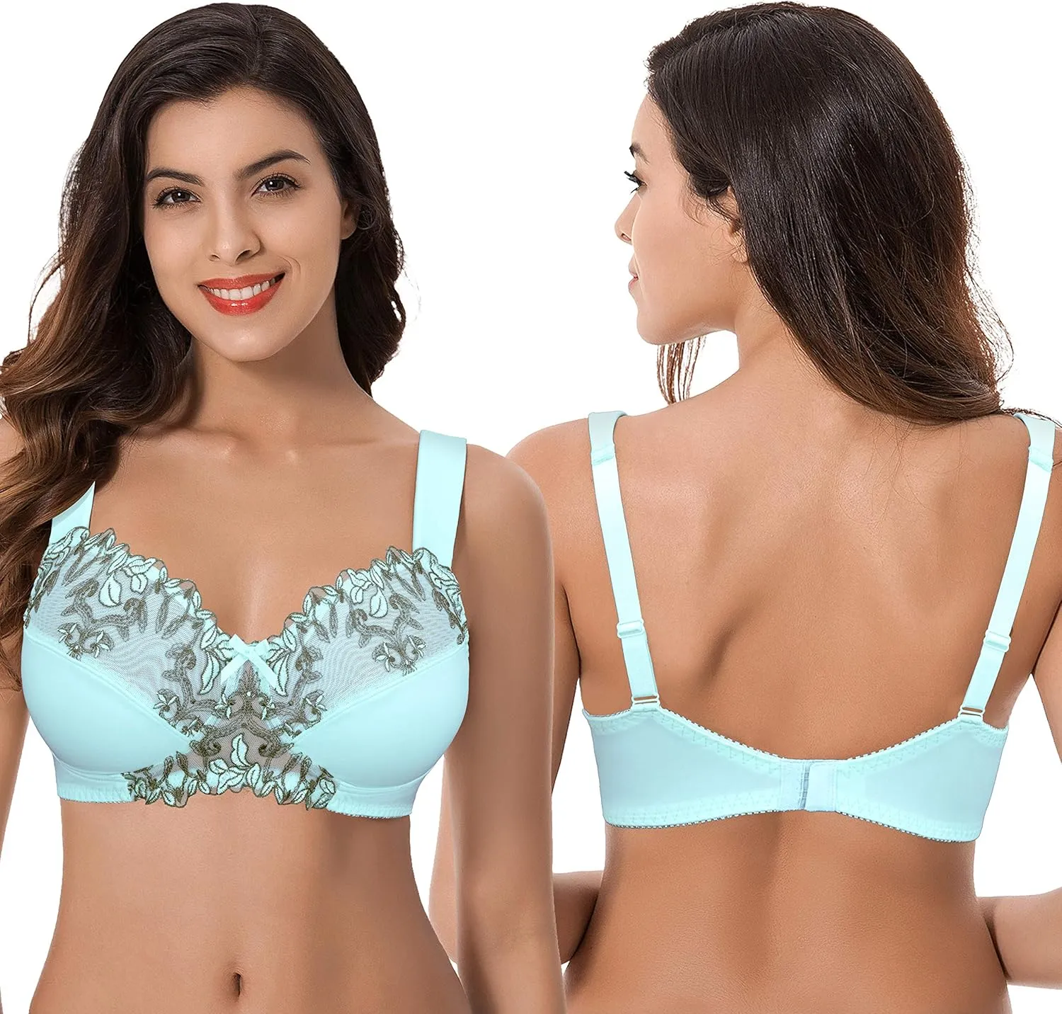 Curve Muse Women's Plus Size Minimizer Wireless Unlined Bra with Embroidery Lace