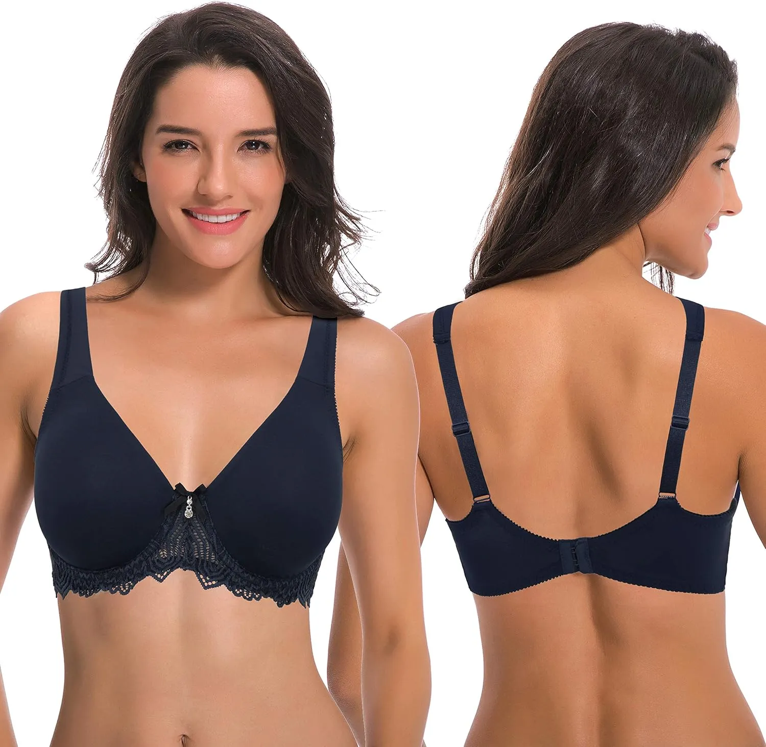 Curve Muse Women's Plus Size Unlined Underwire Lace Bra with Cushion Straps-2PK