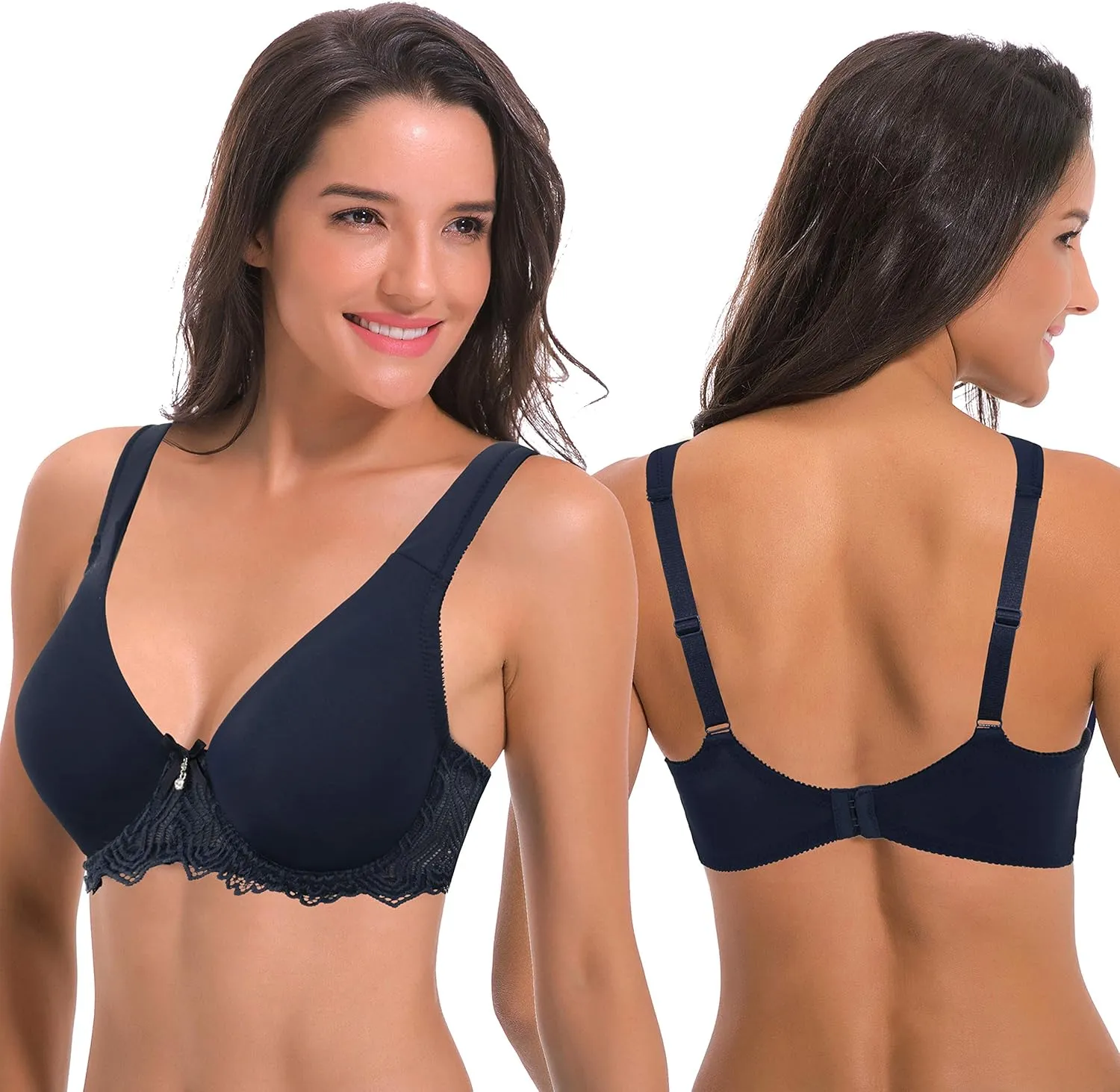 Curve Muse Women's Plus Size Unlined Underwire Lace Bra with Cushion Straps-2PK