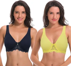 Curve Muse Women's Plus Size Unlined Underwire Lace Bra with Cushion Straps-2PK