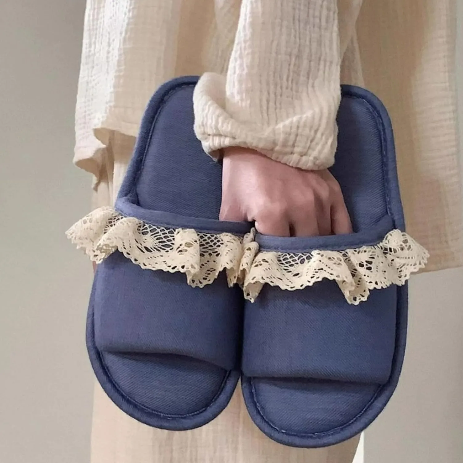 Cute Lace Trim Slippers Single Strap Slides Soft Lightweight Anti-Slip Sole All Season Wear Indoor House Shoes
