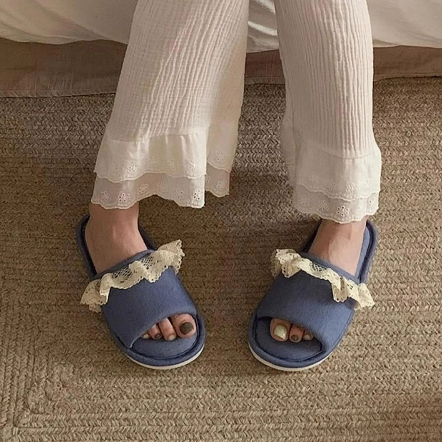 Cute Lace Trim Slippers Single Strap Slides Soft Lightweight Anti-Slip Sole All Season Wear Indoor House Shoes