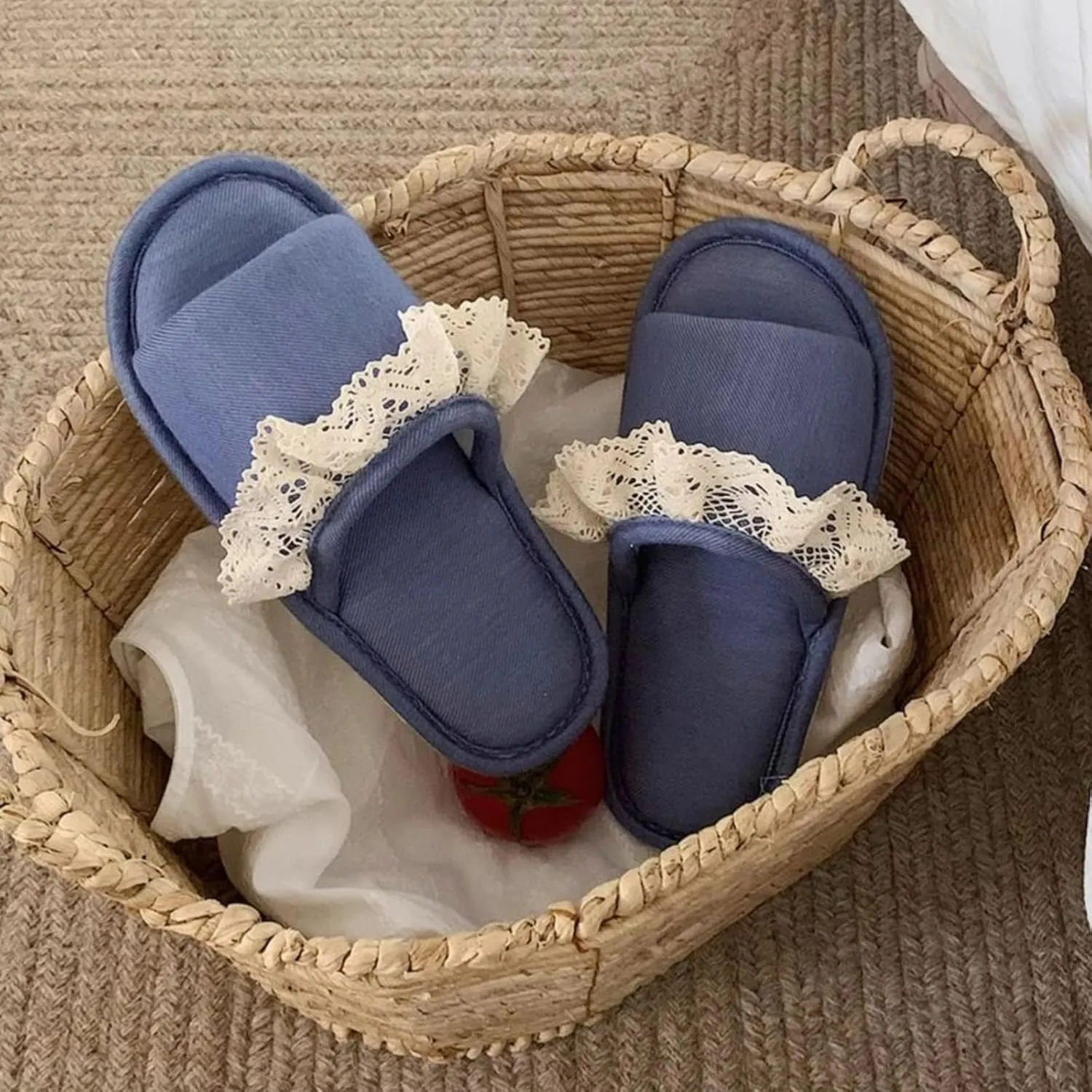 Cute Lace Trim Slippers Single Strap Slides Soft Lightweight Anti-Slip Sole All Season Wear Indoor House Shoes