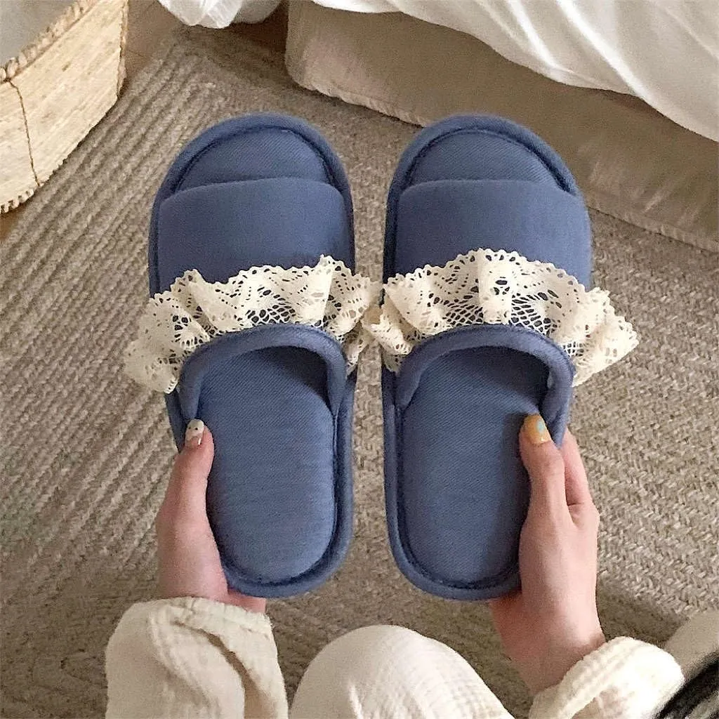 Cute Lace Trim Slippers Single Strap Slides Soft Lightweight Anti-Slip Sole All Season Wear Indoor House Shoes