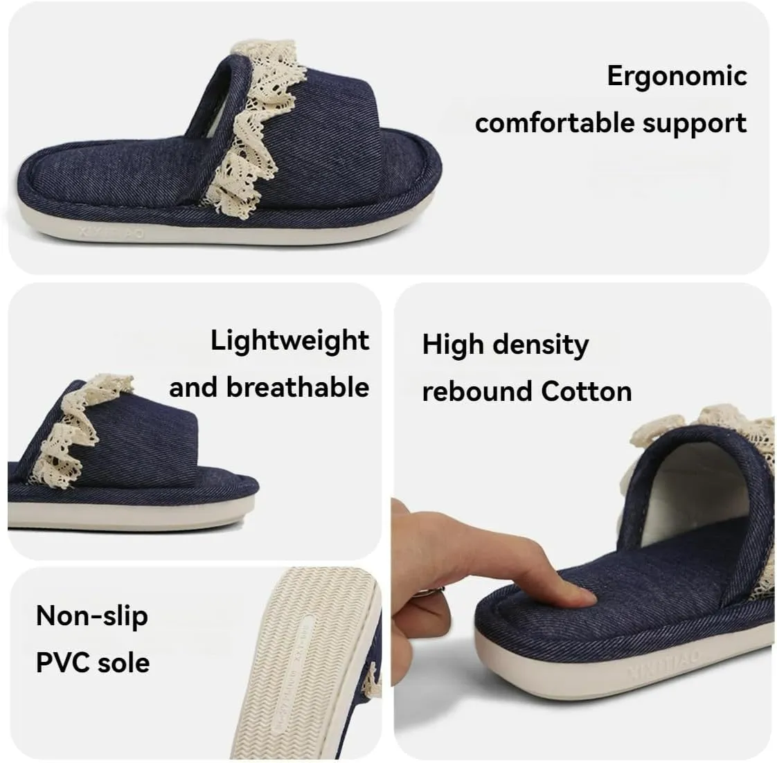 Cute Lace Trim Slippers Single Strap Slides Soft Lightweight Anti-Slip Sole All Season Wear Indoor House Shoes