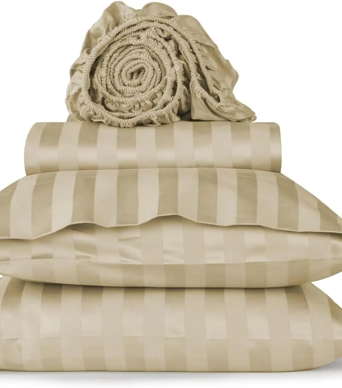 Damask Stripe Queen Size 4 Piece Bed Sheet Set and 1 Piece Duvet Cover (Fitted Sheet Fits Upto 17 inch Deep Pocket) 1000 Thread Count 100% Egyptian Cotton 5 PC Damask Sheets - Beige