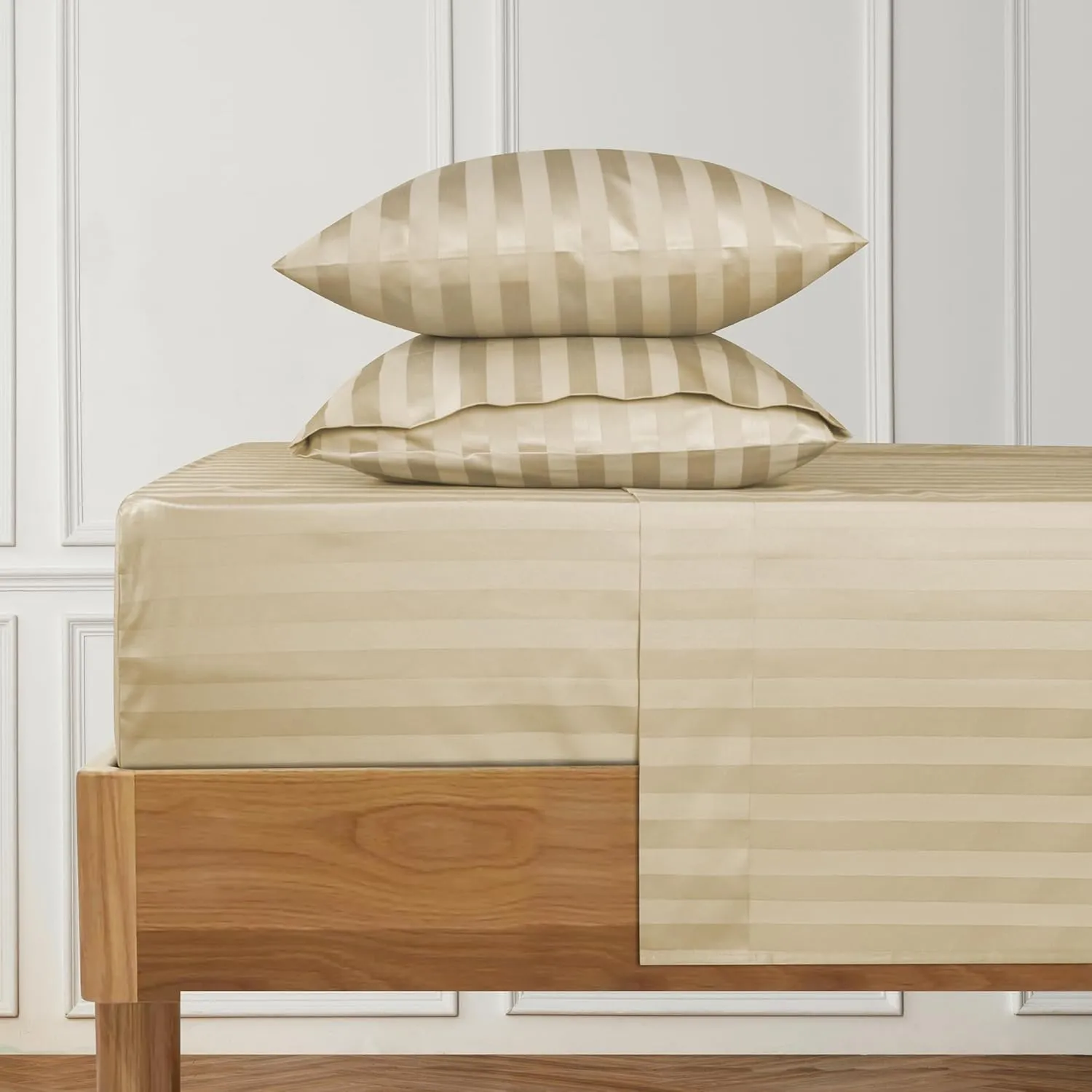 Damask Stripe Queen Size 4 Piece Bed Sheet Set and 1 Piece Duvet Cover (Fitted Sheet Fits Upto 17 inch Deep Pocket) 1000 Thread Count 100% Egyptian Cotton 5 PC Damask Sheets - Beige
