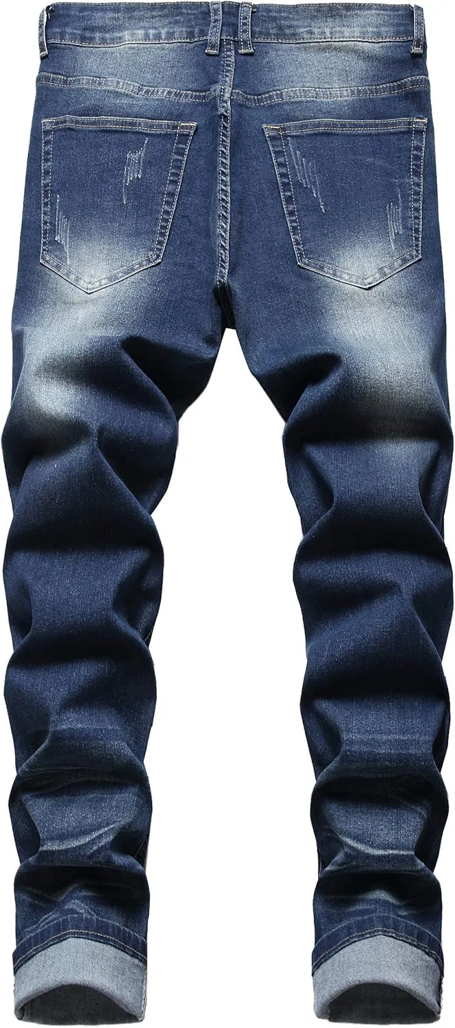 DANT BULUN Men's Ripped Distressed Destroyed Slim Fit Straight Leg Denim Jeans