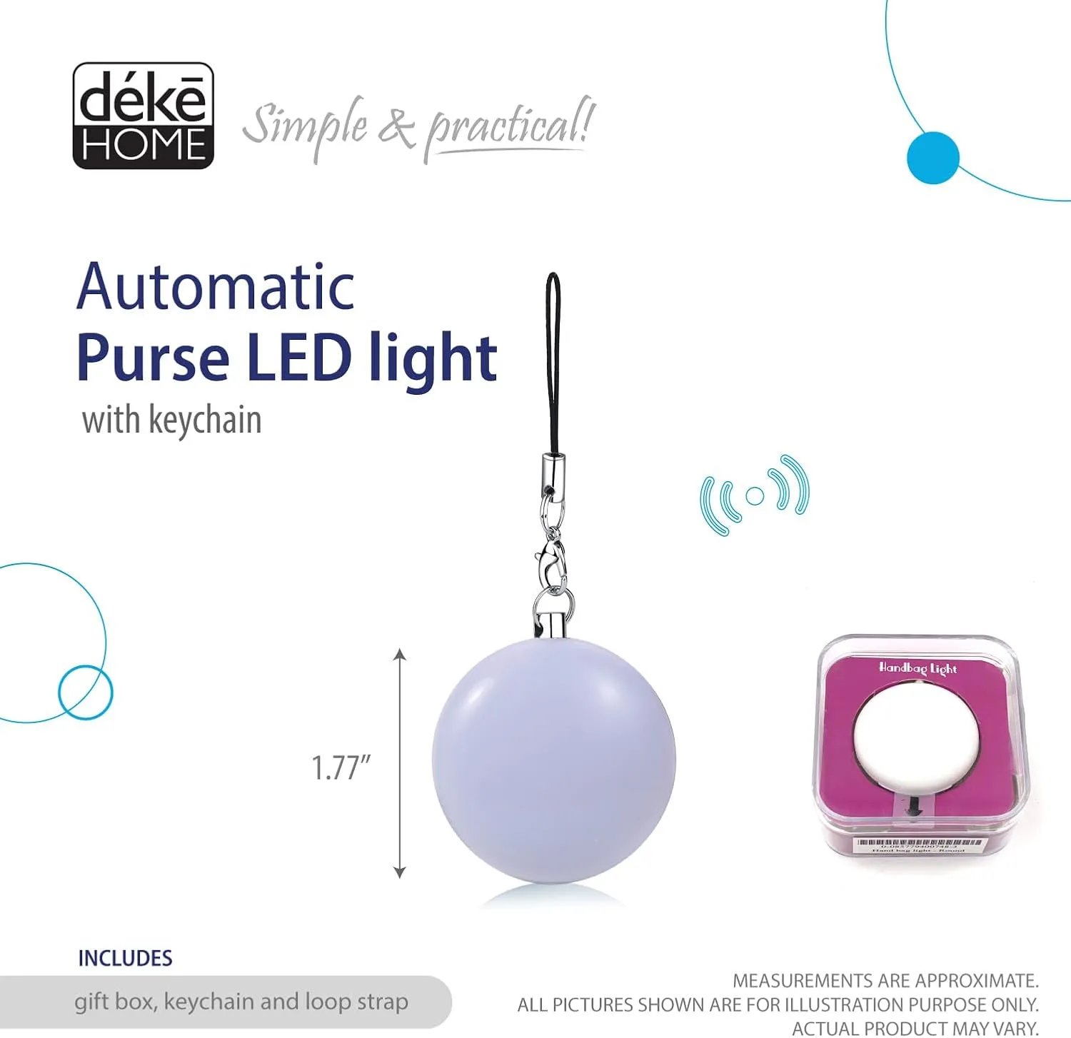 Deke Home - Round Purse Light, Handbag Light, Purse Motion Sensor Light, Automatic On/Off Motion Night Light, Backpack Light, Purse Organizer, Purse Accessories.