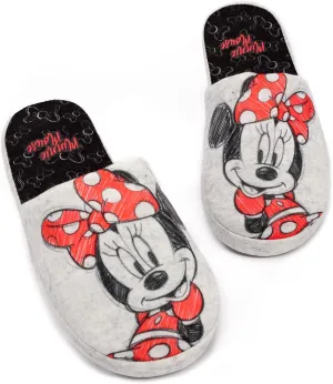 Disney Minnie Mouse Slippers Womens Slip-On Grey House Shoes