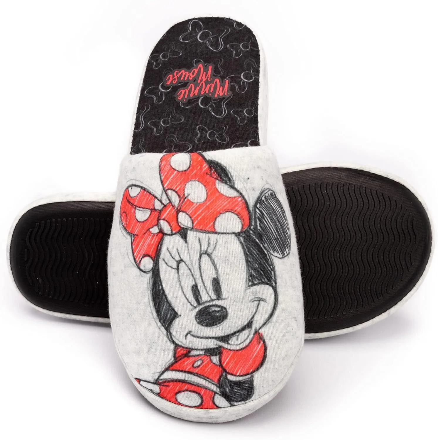 Disney Minnie Mouse Slippers Womens Slip-On Grey House Shoes