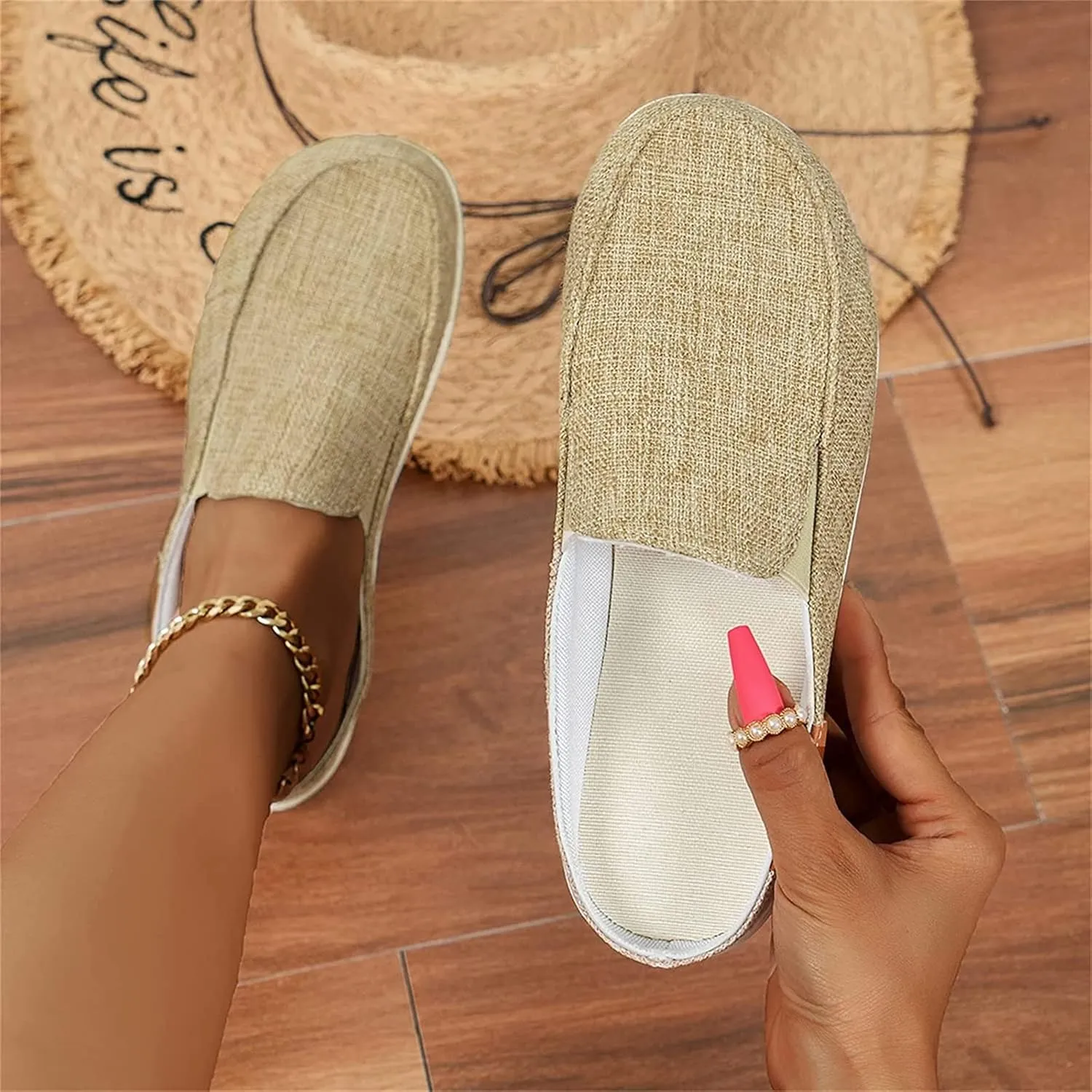 DOIX Women's Garden Clogs Shoes Slip on Canvas Slippers Backless Flat Sandals Lightweight Closed Toe Summer Casual Comfy Walking Loafer Shoes,Beige,US8/EU39