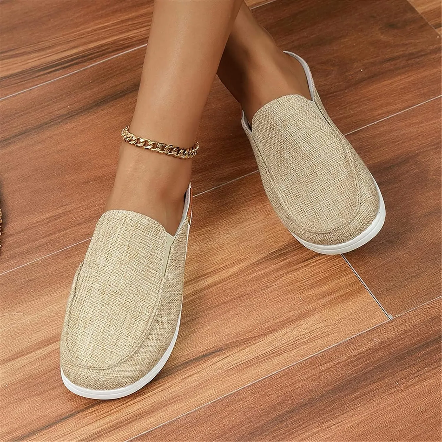 DOIX Women's Garden Clogs Shoes Slip on Canvas Slippers Backless Flat Sandals Lightweight Closed Toe Summer Casual Comfy Walking Loafer Shoes,Beige,US8/EU39