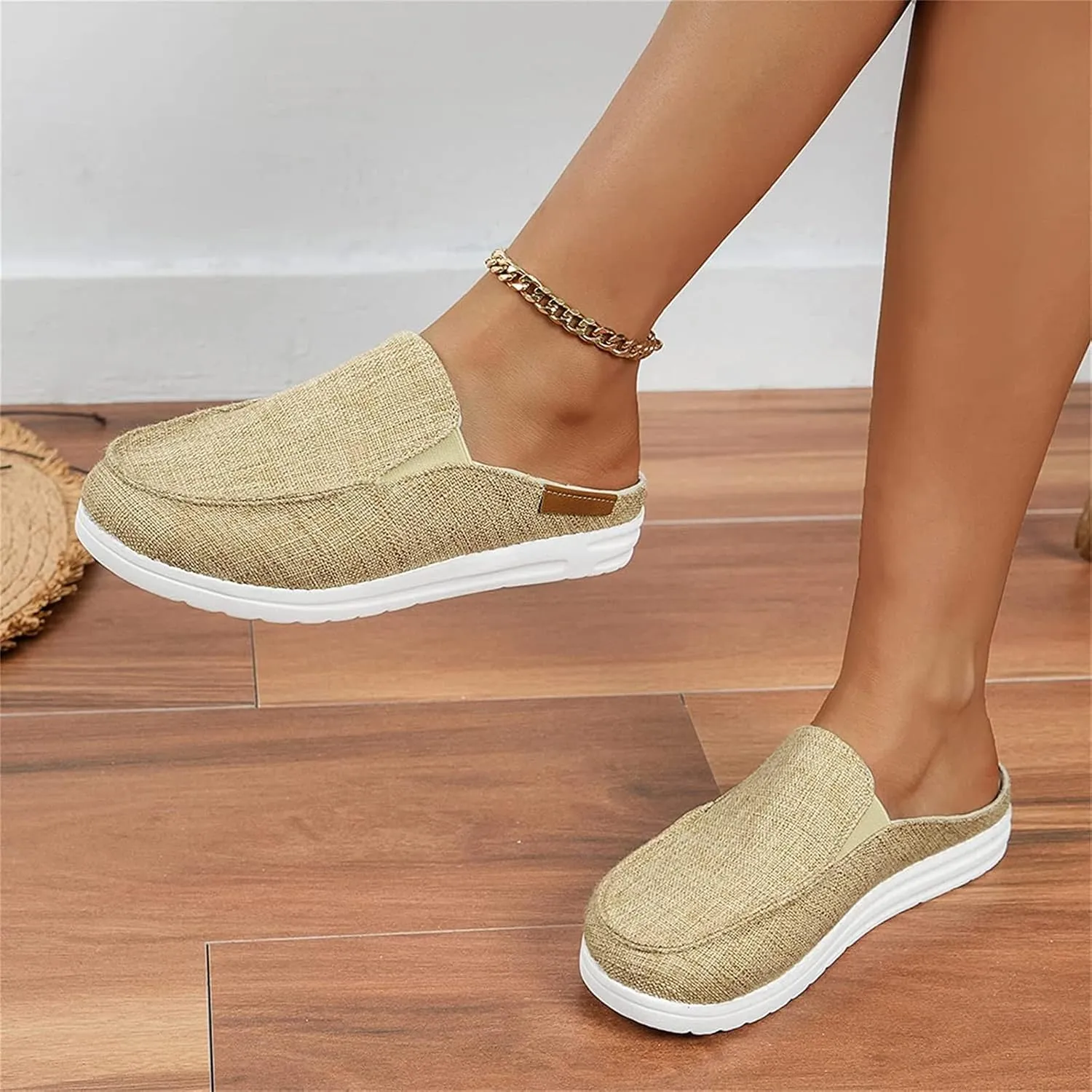 DOIX Women's Garden Clogs Shoes Slip on Canvas Slippers Backless Flat Sandals Lightweight Closed Toe Summer Casual Comfy Walking Loafer Shoes,Beige,US8/EU39