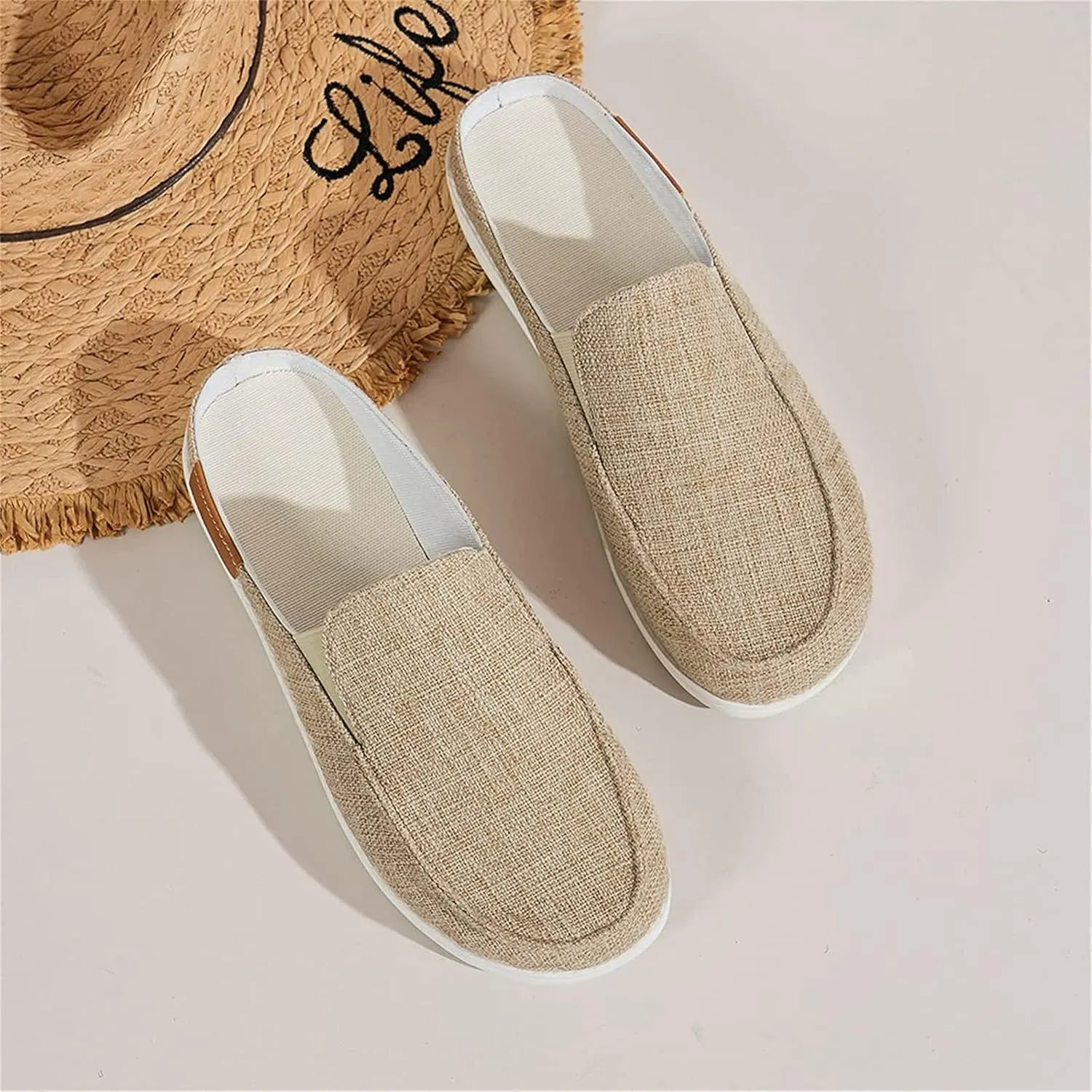 DOIX Women's Garden Clogs Shoes Slip on Canvas Slippers Backless Flat Sandals Lightweight Closed Toe Summer Casual Comfy Walking Loafer Shoes,Beige,US8/EU39