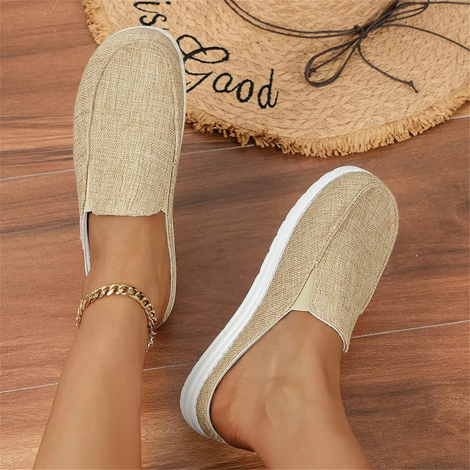 DOIX Women's Garden Clogs Shoes Slip on Canvas Slippers Backless Flat Sandals Lightweight Closed Toe Summer Casual Comfy Walking Loafer Shoes,Beige,US8/EU39