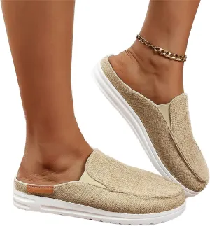 DOIX Women's Garden Clogs Shoes Slip on Canvas Slippers Backless Flat Sandals Lightweight Closed Toe Summer Casual Comfy Walking Loafer Shoes,Beige,US8/EU39