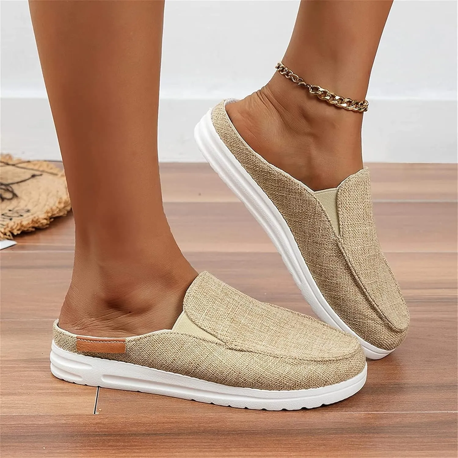 DOIX Women's Garden Clogs Shoes Slip on Canvas Slippers Backless Flat Sandals Lightweight Closed Toe Summer Casual Comfy Walking Loafer Shoes,Beige,US8/EU39