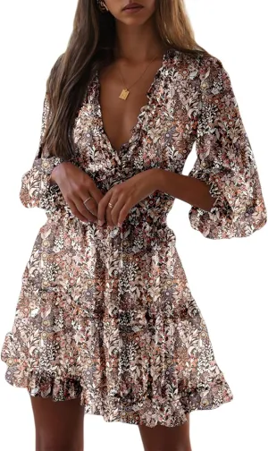 Dokotoo Womens 2025 Spring Summer Deep V Neck Long Sleeve Backless Ruffle Floral Flowy Mini Dress