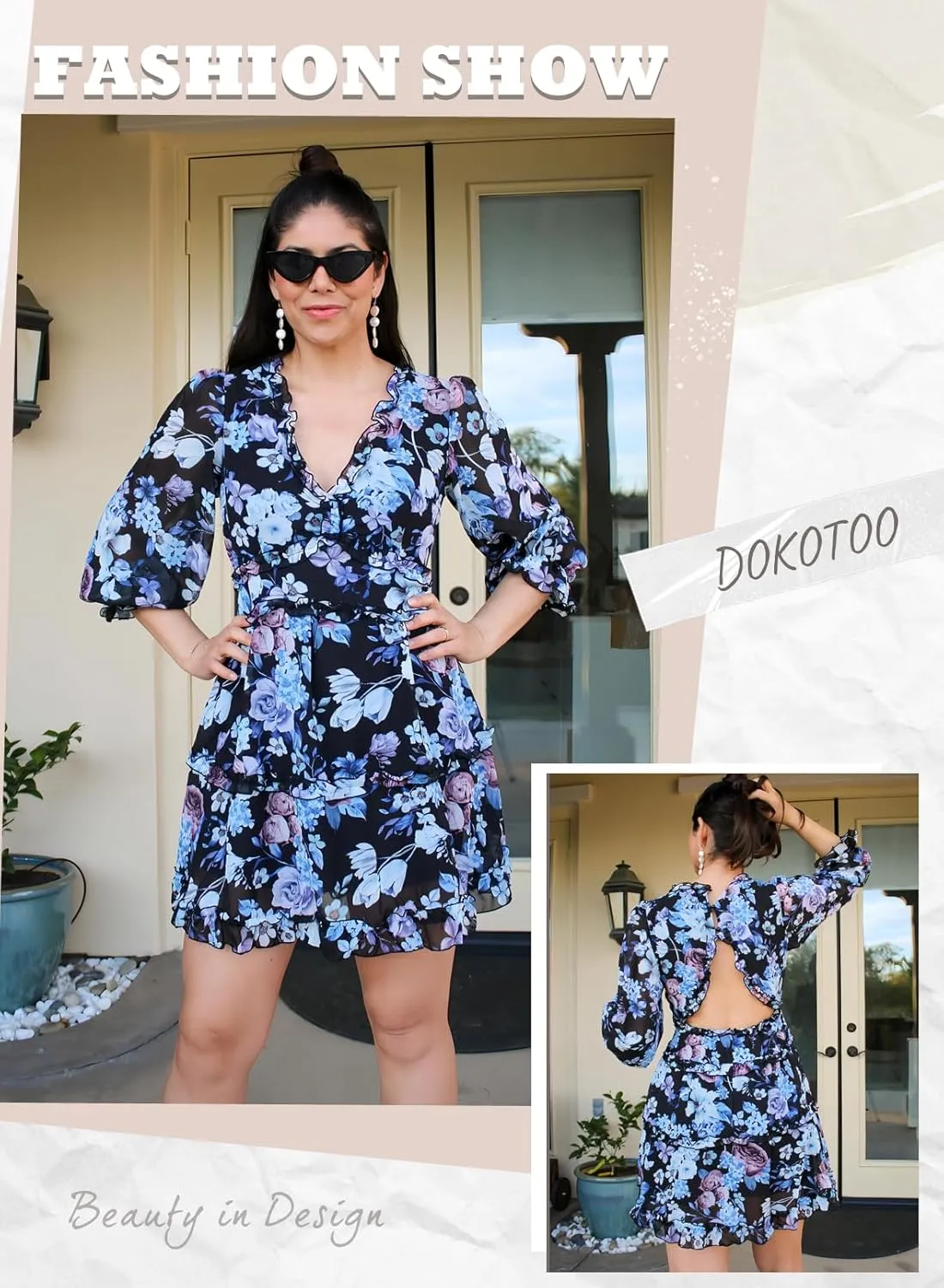 Dokotoo Womens 2025 Spring Summer Deep V Neck Long Sleeve Backless Ruffle Floral Flowy Mini Dress