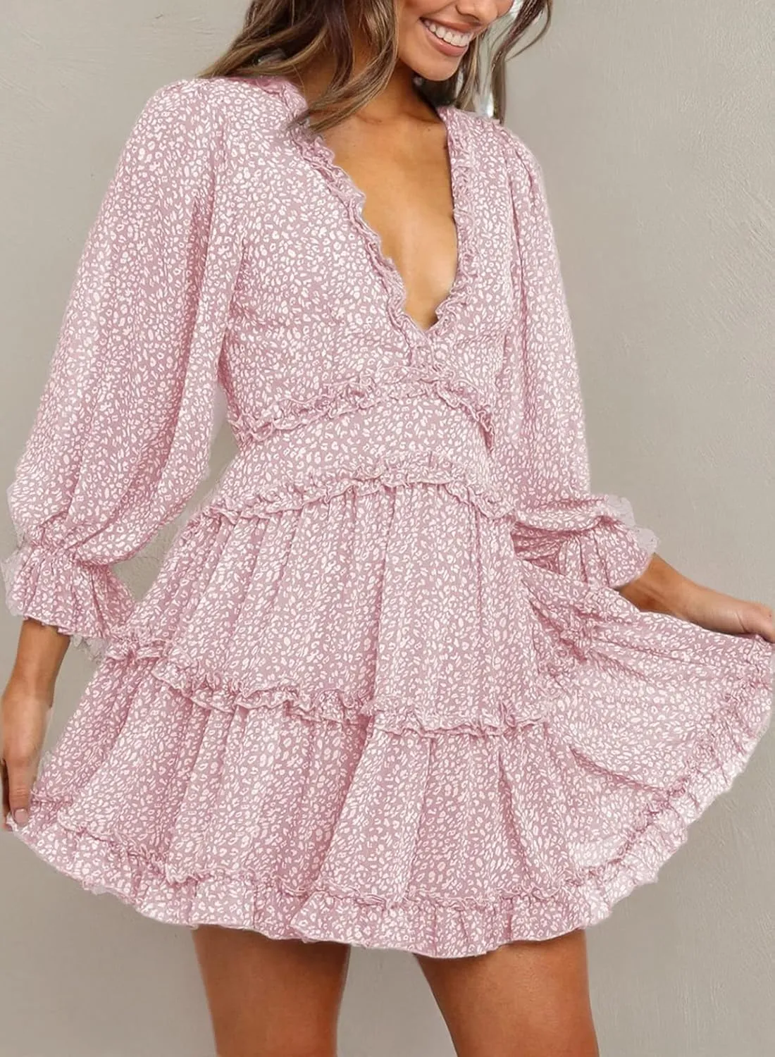 Dokotoo Womens 2025 Spring Summer Deep V Neck Long Sleeve Backless Ruffle Floral Flowy Mini Dress
