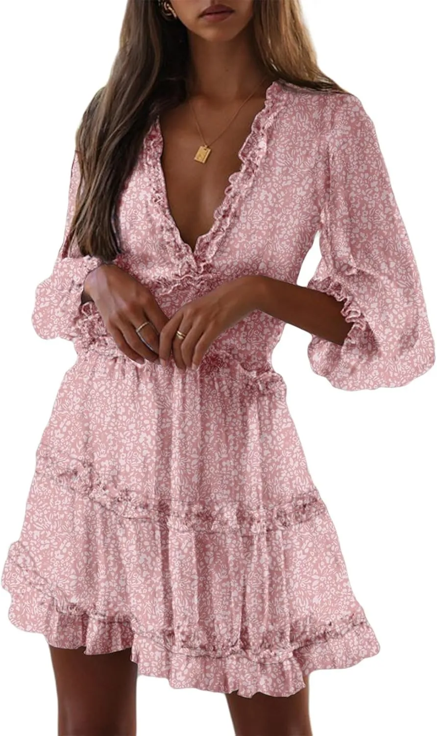 Dokotoo Womens 2025 Spring Summer Deep V Neck Long Sleeve Backless Ruffle Floral Flowy Mini Dress
