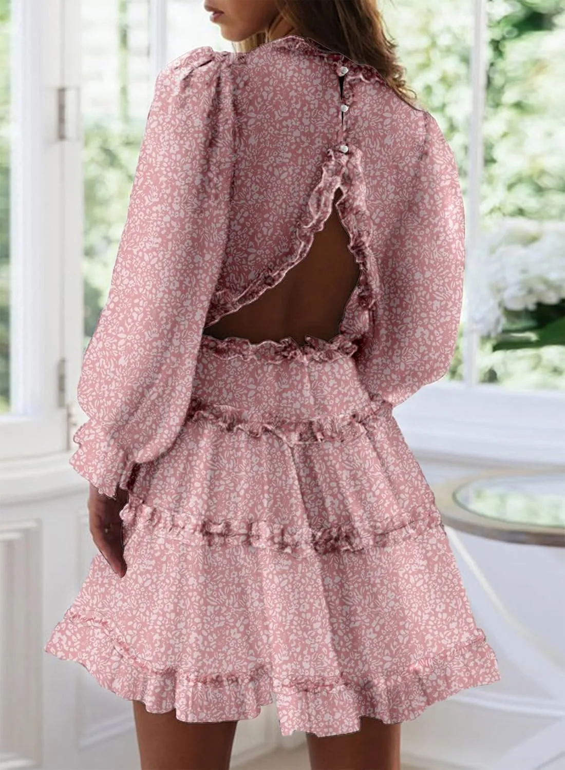Dokotoo Womens 2025 Spring Summer Deep V Neck Long Sleeve Backless Ruffle Floral Flowy Mini Dress