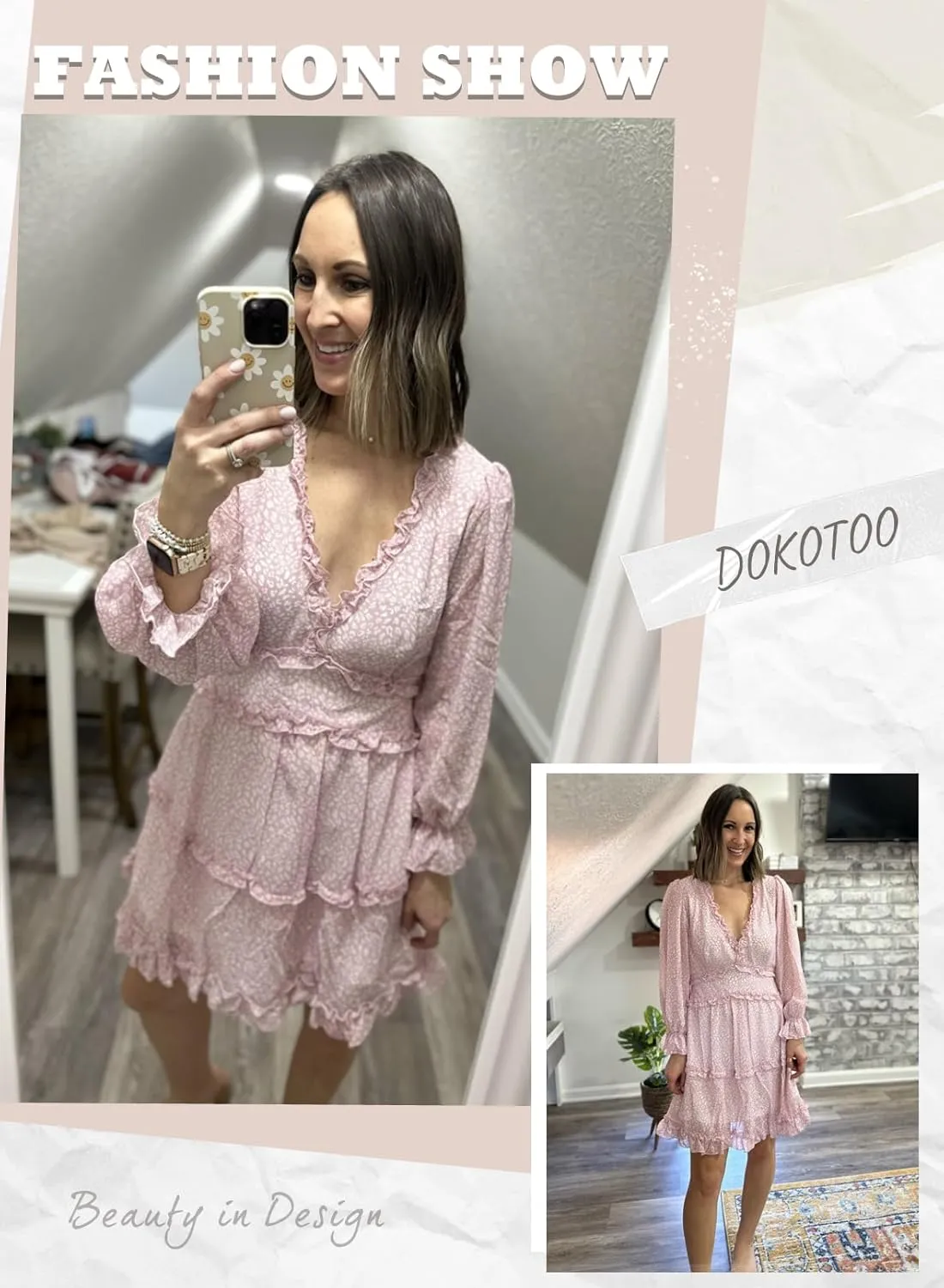 Dokotoo Womens 2025 Spring Summer Deep V Neck Long Sleeve Backless Ruffle Floral Flowy Mini Dress