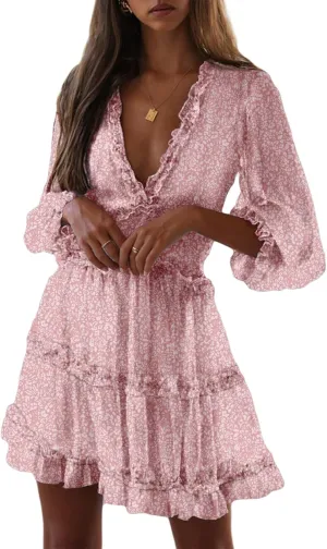 Dokotoo Womens 2025 Spring Summer Deep V Neck Long Sleeve Backless Ruffle Floral Flowy Mini Dress