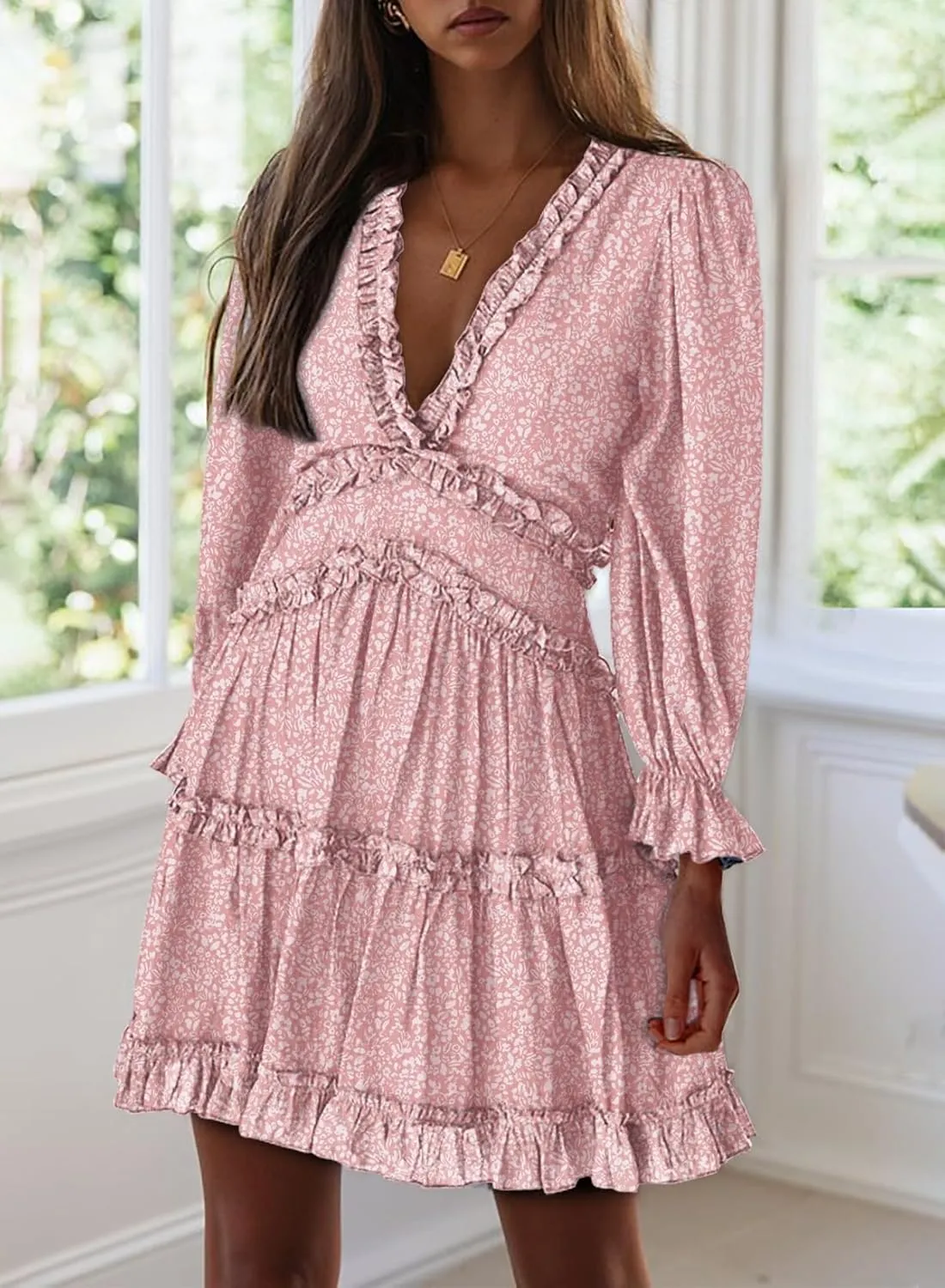 Dokotoo Womens 2025 Spring Summer Deep V Neck Long Sleeve Backless Ruffle Floral Flowy Mini Dress