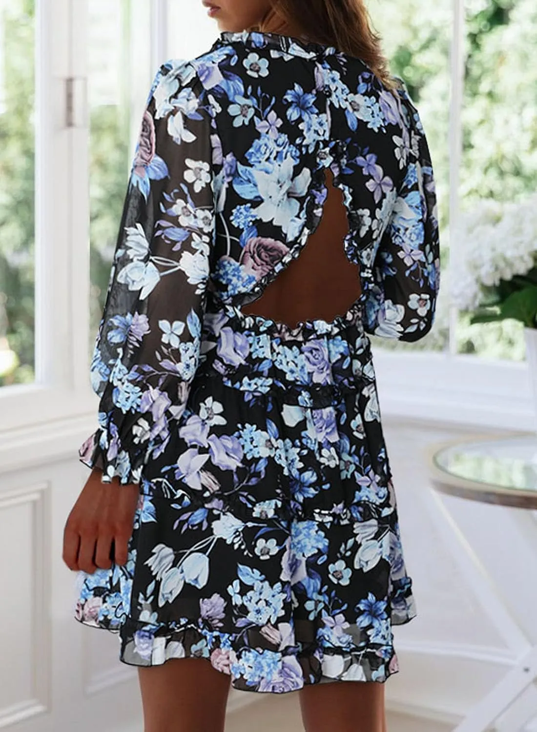 Dokotoo Womens 2025 Spring Summer Deep V Neck Long Sleeve Backless Ruffle Floral Flowy Mini Dress