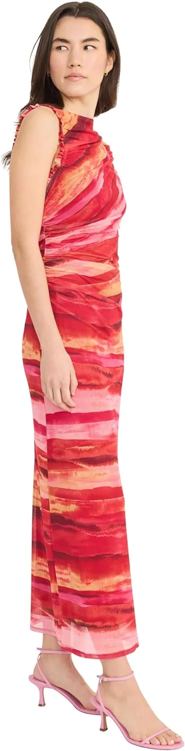 Donna Morgan Women's Asymmetrical Neckline Ruched Fitted Maxi-Sleeveless Ruffle Evening Formal Wedding Guest Dress