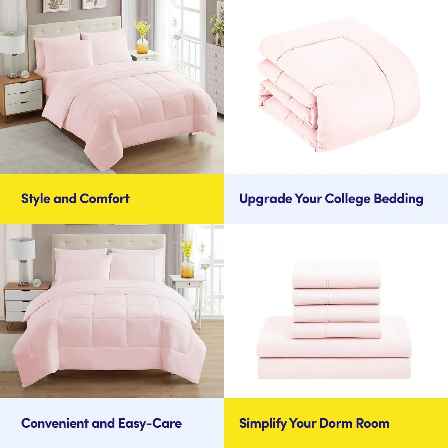 Dorm Room Essentials College Bedding Comforter Set 7 Piece Full Size Bed in a Bag for College Students Boys and Girls, Full, Pale Pink