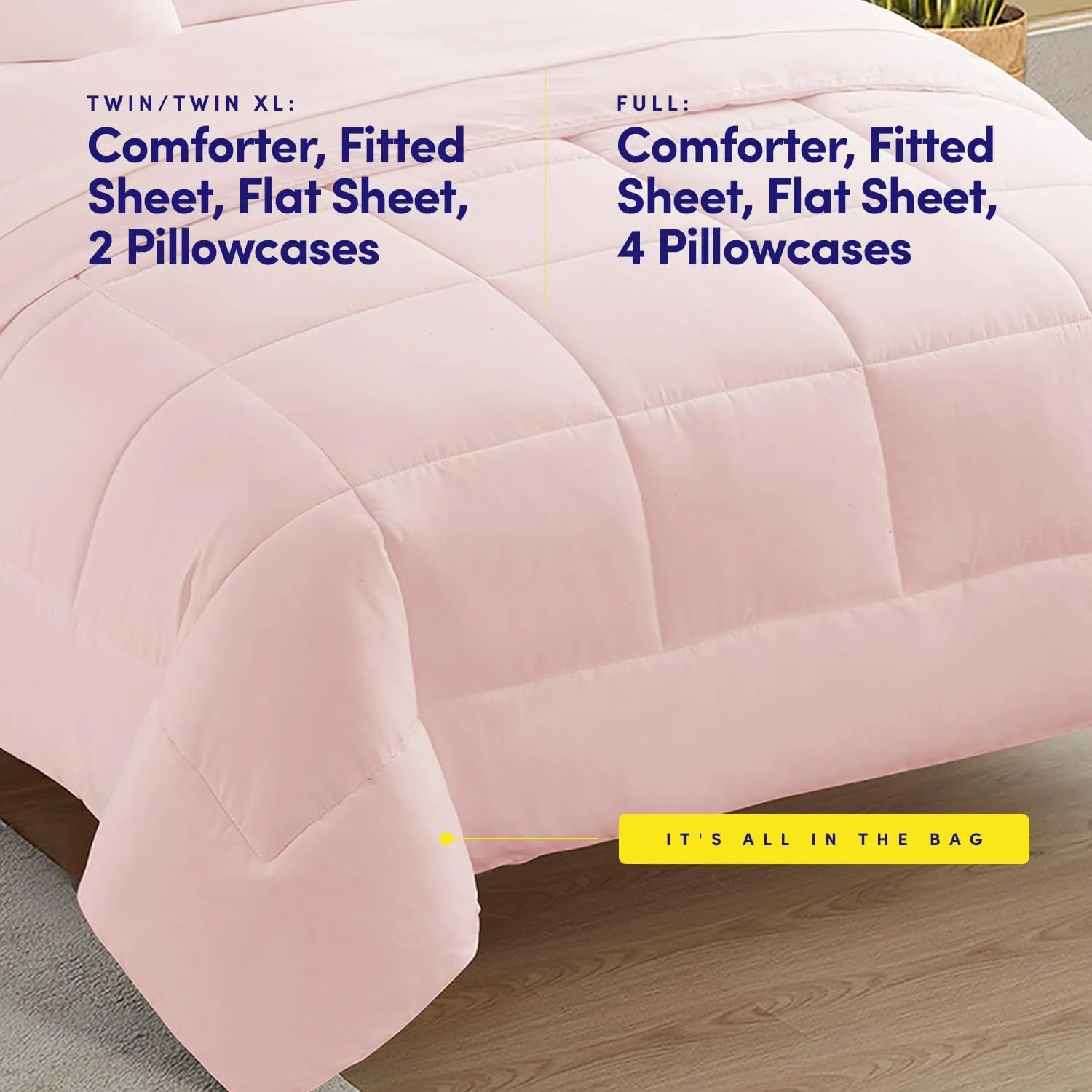 Dorm Room Essentials College Bedding Comforter Set 7 Piece Full Size Bed in a Bag for College Students Boys and Girls, Full, Pale Pink