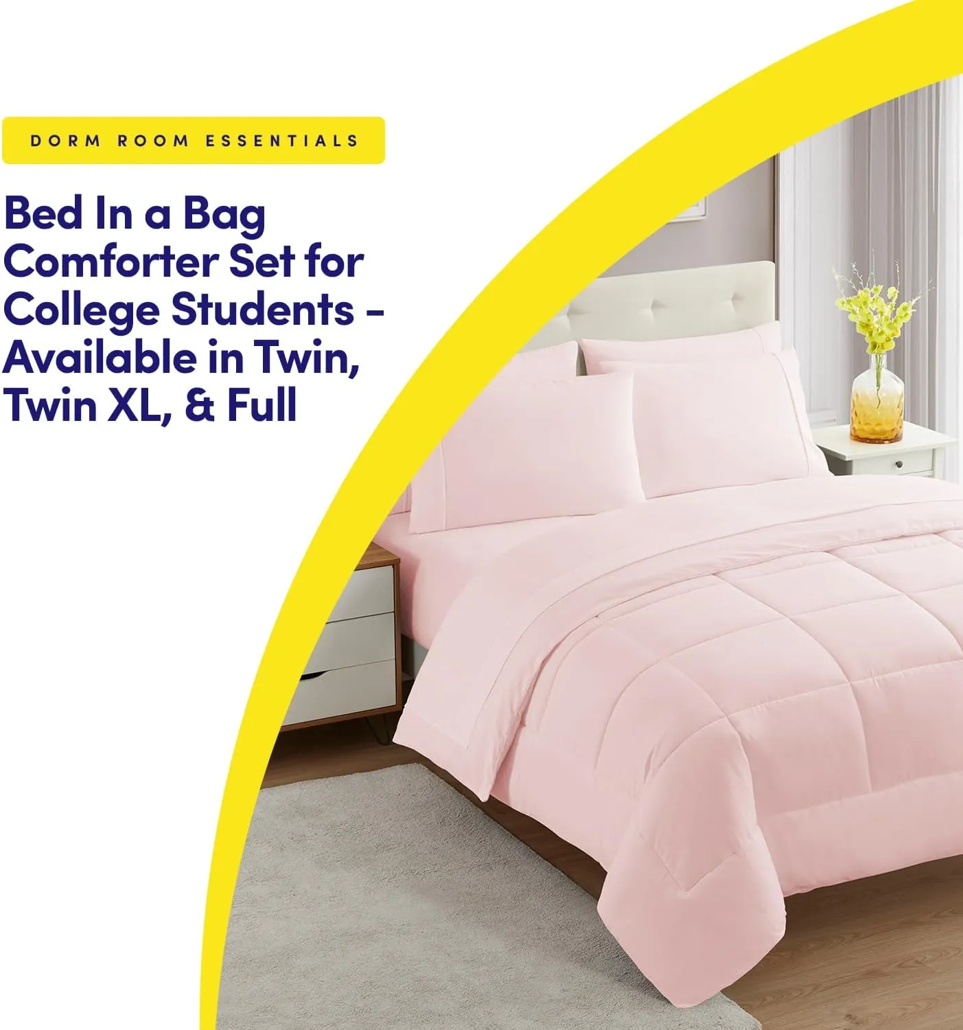 Dorm Room Essentials College Bedding Comforter Set 7 Piece Full Size Bed in a Bag for College Students Boys and Girls, Full, Pale Pink