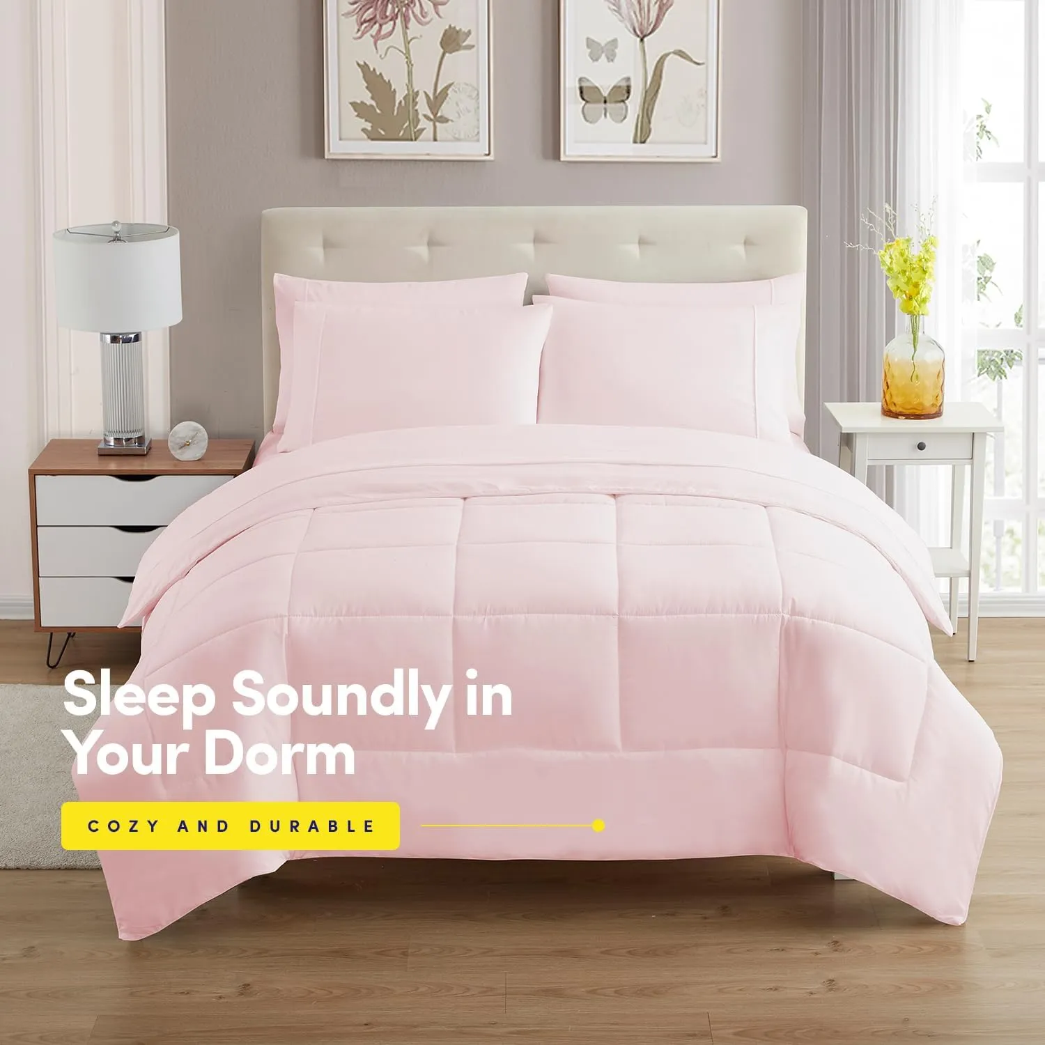 Dorm Room Essentials College Bedding Comforter Set 7 Piece Full Size Bed in a Bag for College Students Boys and Girls, Full, Pale Pink