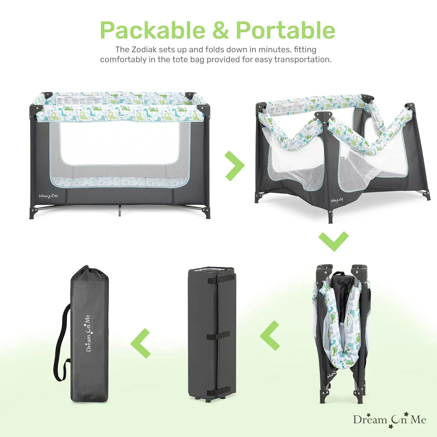 Dream On Me Zodiak Portable Playard in Grey and Green, Lightweight, Packable and Easy Setup Baby Playard, Breathable Mesh Sides and Soft Fabric - Comes with a Removable Padded Mat
