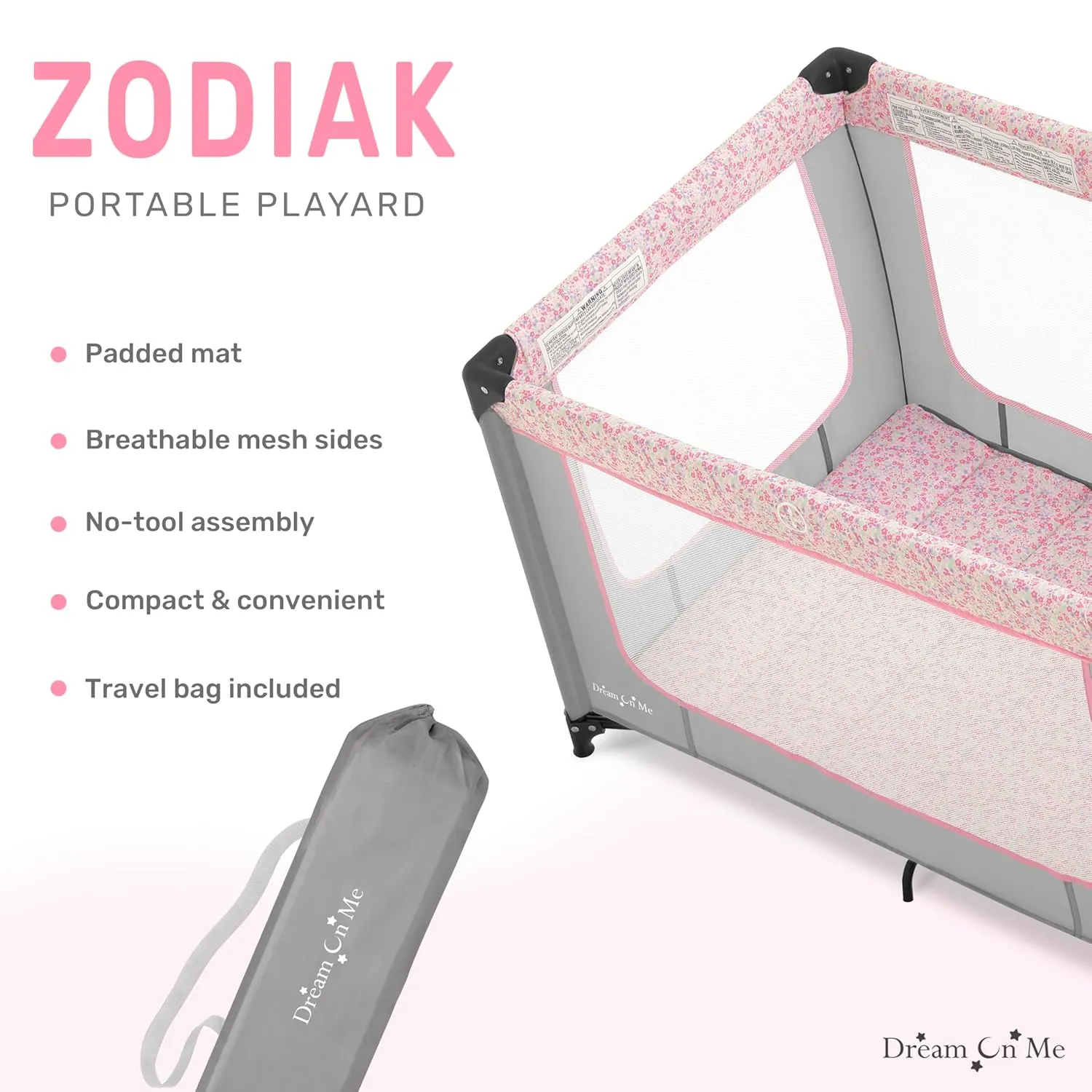 Dream On Me Zodiak Portable Playard in Grey and Pink, Lightweight, Packable and Easy Setup Baby Playard, Breathable Mesh Sides and Soft Fabric - Comes with a Removable Padded Mat