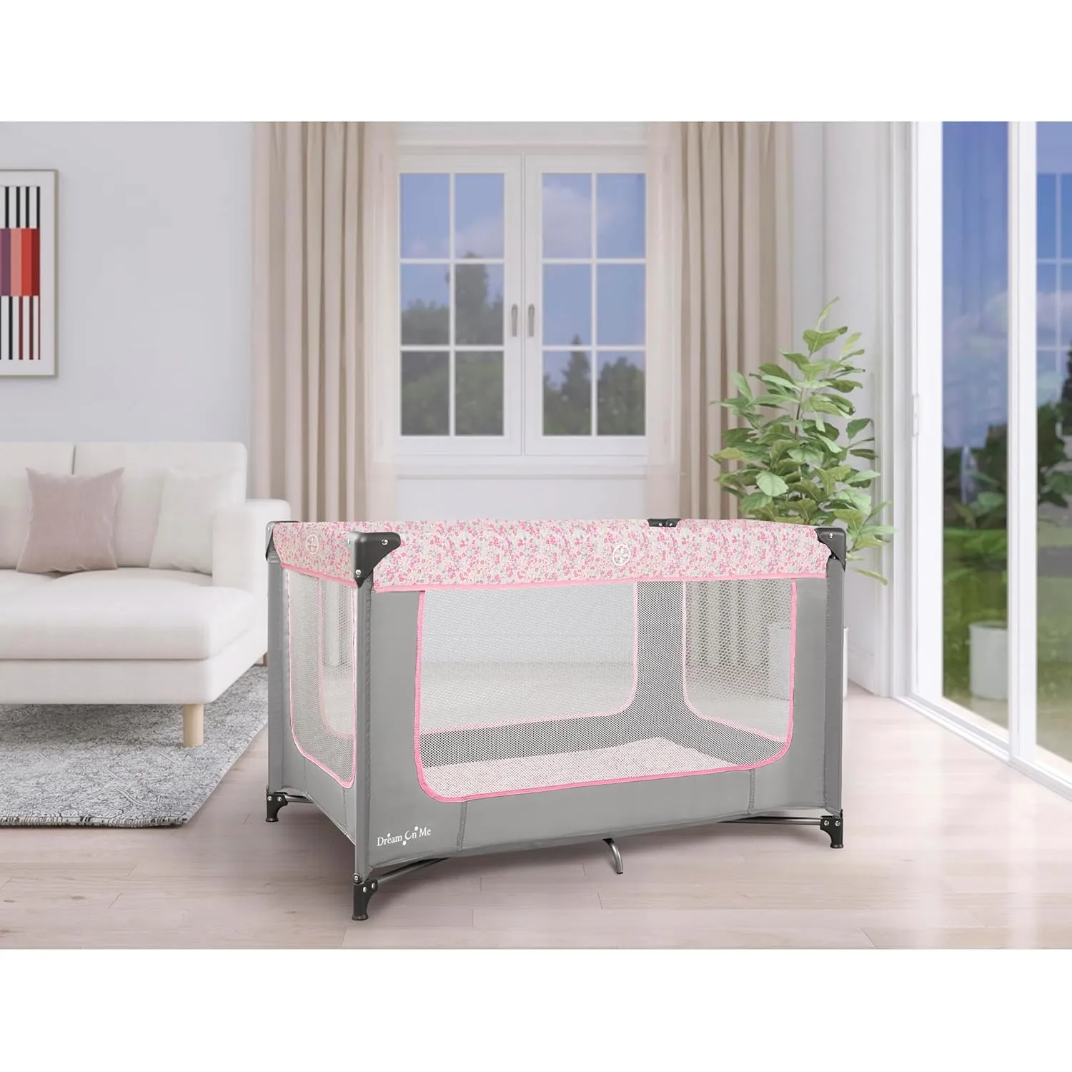 Dream On Me Zodiak Portable Playard in Grey and Pink, Lightweight, Packable and Easy Setup Baby Playard, Breathable Mesh Sides and Soft Fabric - Comes with a Removable Padded Mat