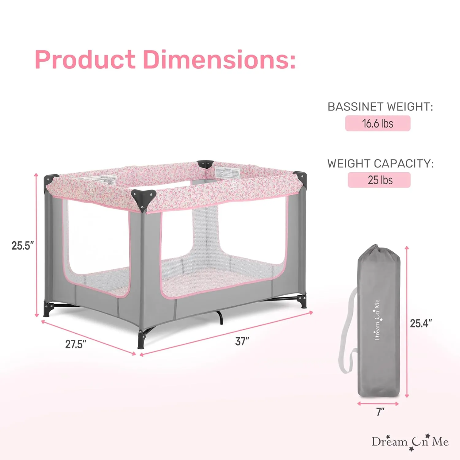 Dream On Me Zodiak Portable Playard in Grey and Pink, Lightweight, Packable and Easy Setup Baby Playard, Breathable Mesh Sides and Soft Fabric - Comes with a Removable Padded Mat