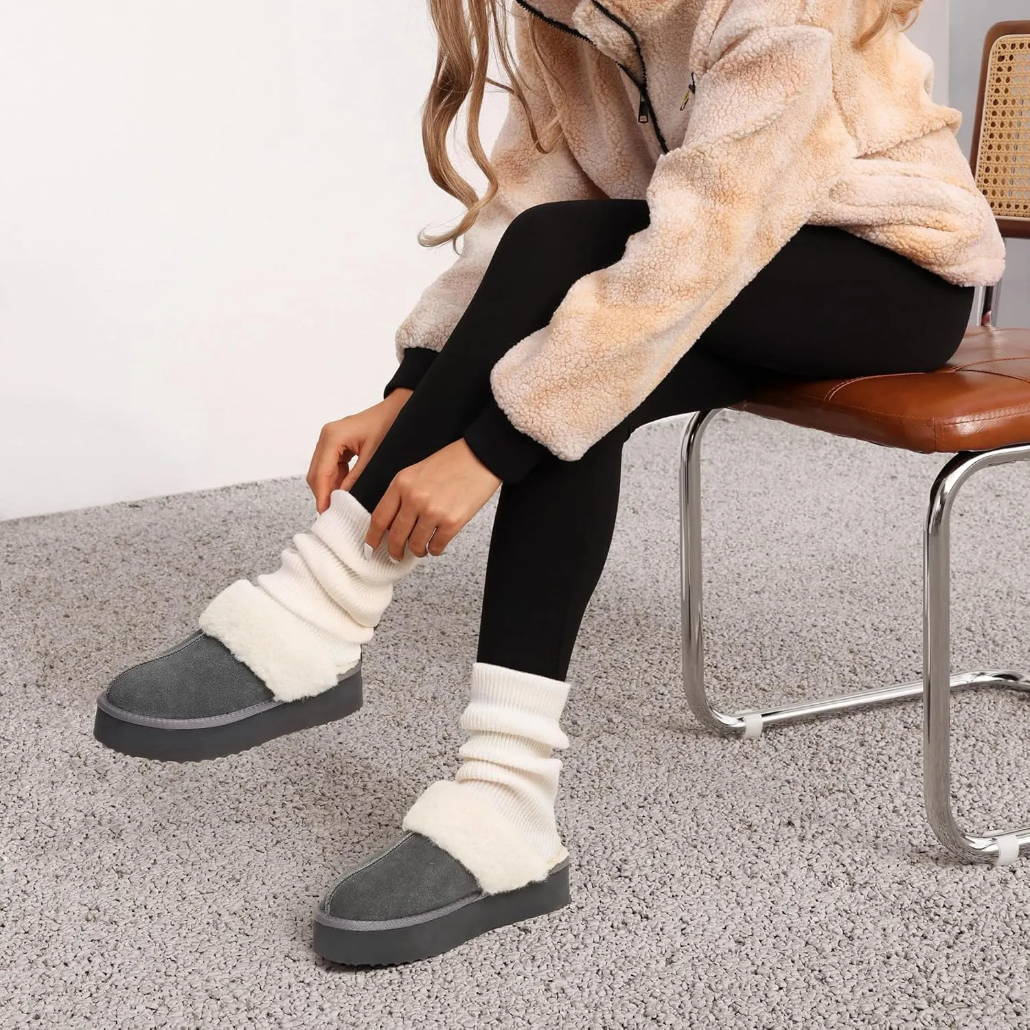 DREAM PAIRS Platform Slippers for Women Genuine Suede FuzzyEasy Cozy Memory Foam Waterproof Slippers Shoes for Indoor and Outdoor