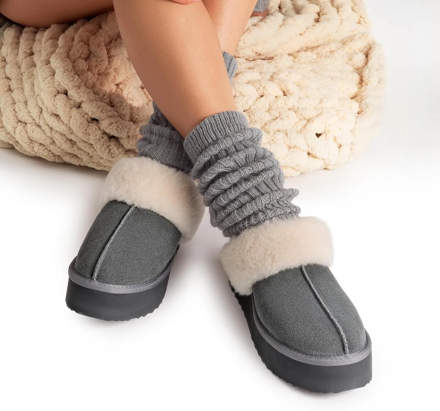 DREAM PAIRS Platform Slippers for Women Genuine Suede FuzzyEasy Cozy Memory Foam Waterproof Slippers Shoes for Indoor and Outdoor