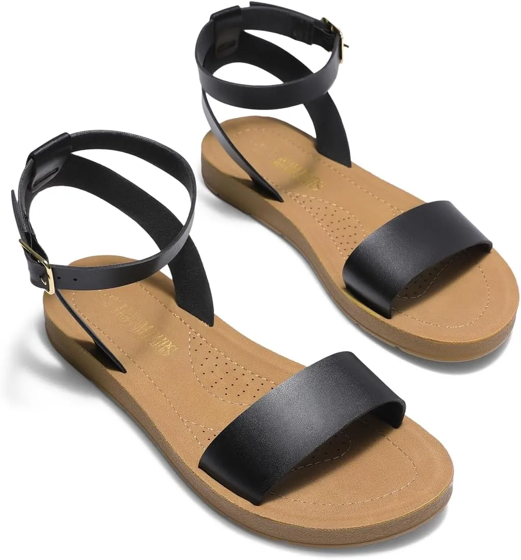 DREAM PAIRS Women’s One Band Ankle Strap Buckle Flat Sandals