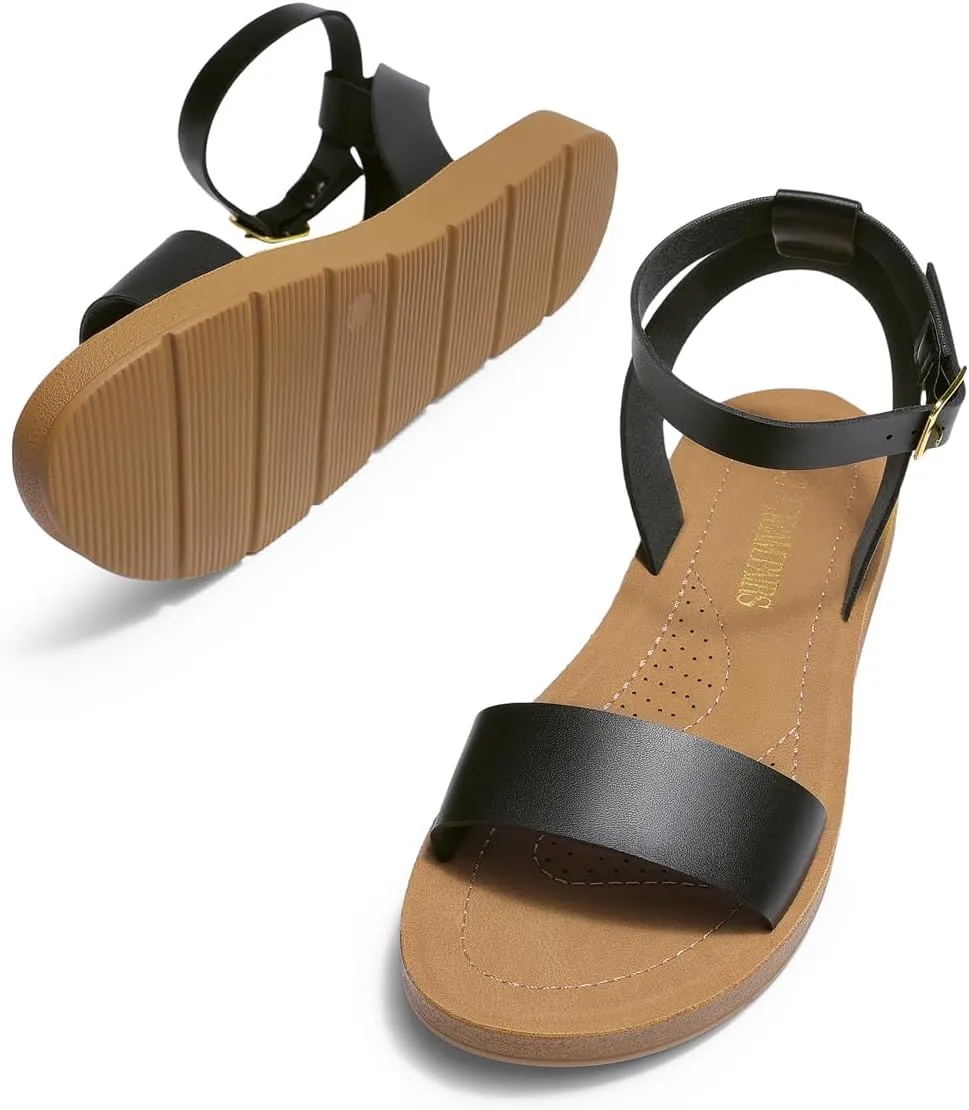 DREAM PAIRS Women’s One Band Ankle Strap Buckle Flat Sandals