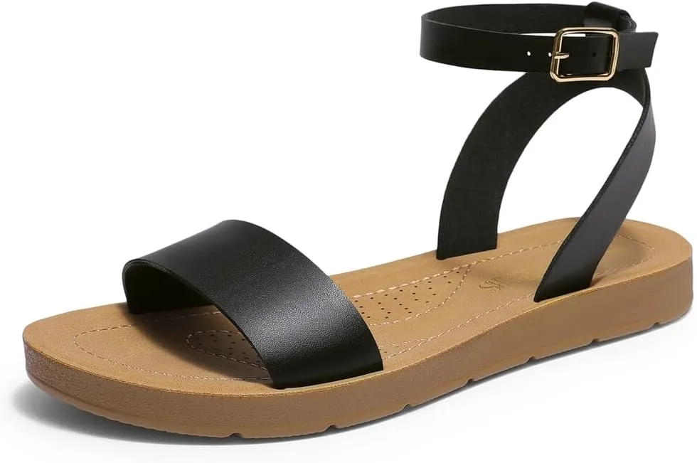 DREAM PAIRS Women’s One Band Ankle Strap Buckle Flat Sandals