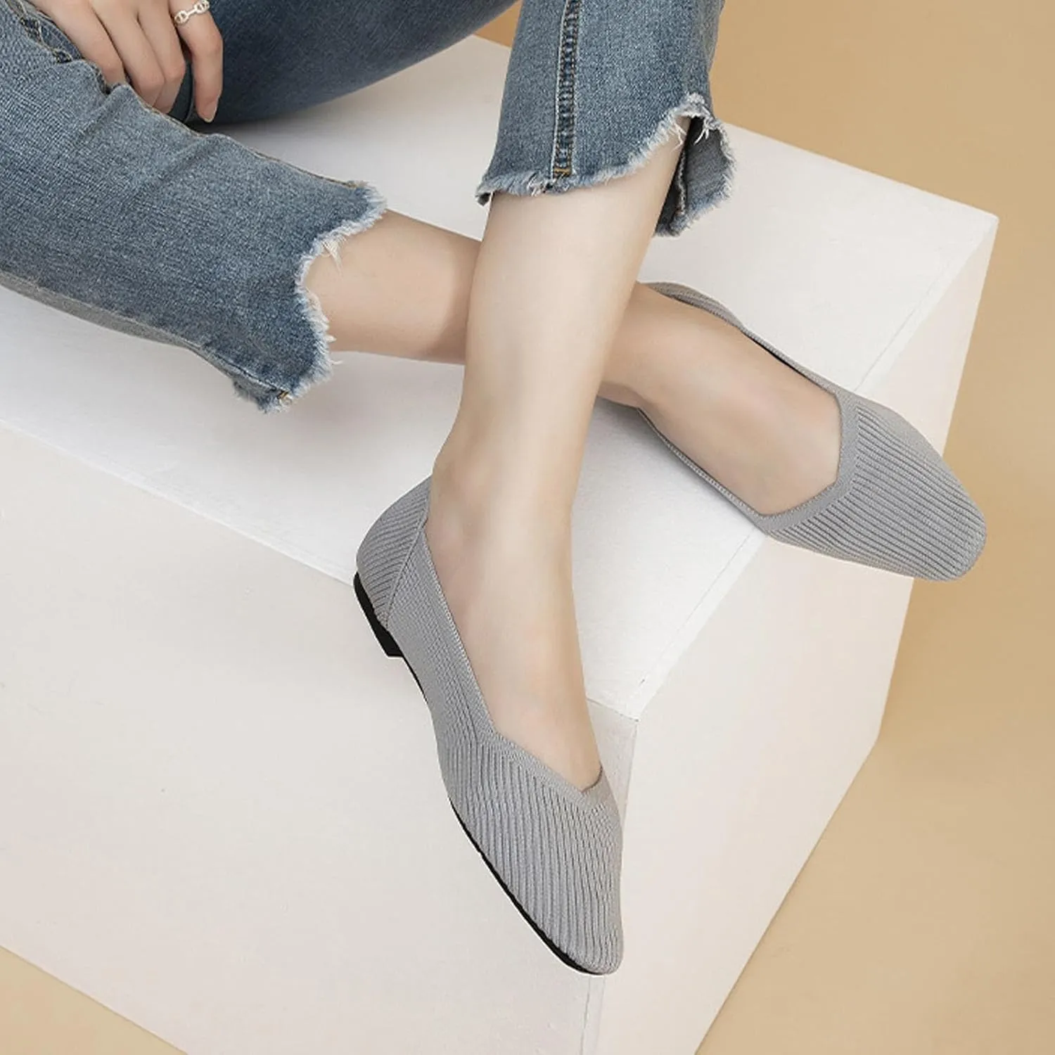 DREAMCIA Women’s Flats Knit Shoes Comfortable Washable Slip on Ballet Square Toe Casual Dressy Wedding Work Office Ballerina Flats with Memory Foam